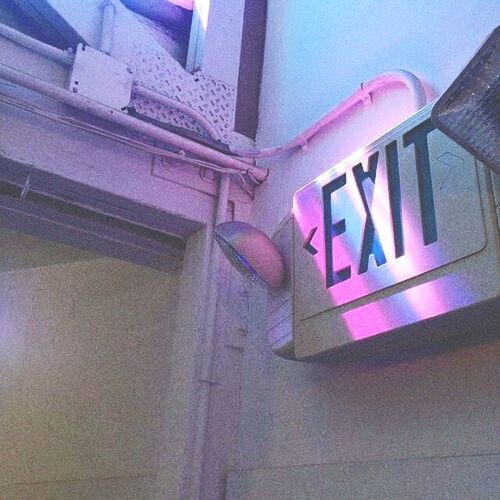 communication, text, no people, built structure, close-up, low angle view, exit sign, outdoors, illuminated, architecture, day