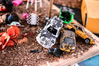 High angle view of toys on table