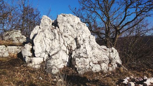 Low angle view of rocks on field against sky