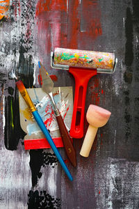 High angle view of paintbrushes on table