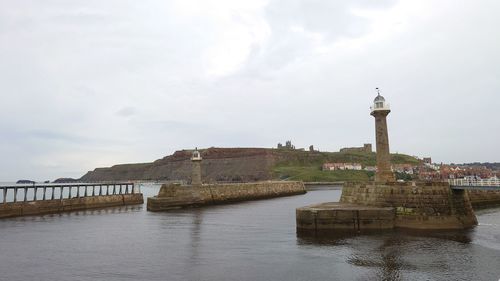 Lighthouse by sea against sky