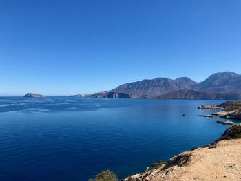 Scenic view of sea against clear blue sky