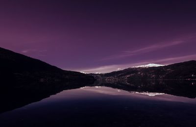 Panoramic view of mountains reflecting on calm lake against sky at dusk