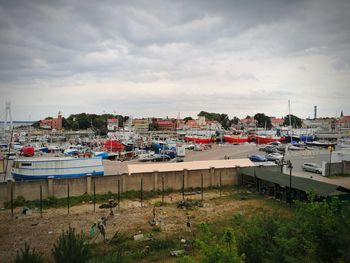 High angle view of boats moored in harbor