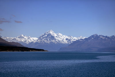 Scenic view of snowcapped mountains against clear blue sky at aoraki mount cook national park