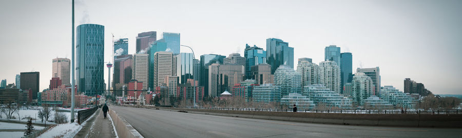 Panoramic view of city buildings against clear sky