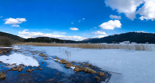 Scenic view of lake by snowcapped mountains against sky