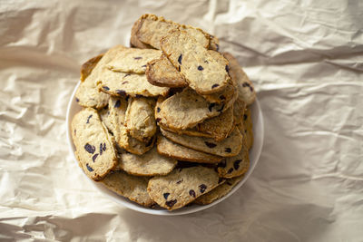 High angle view of cookies in plate on table