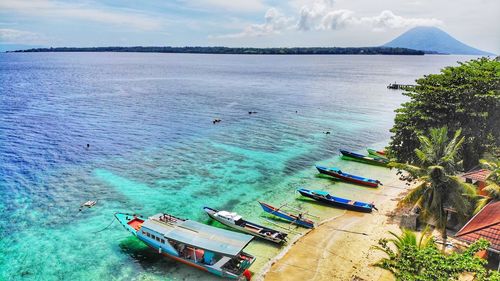 High angle view of people on beach against sky