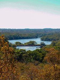 Scenic view of lake against clear sky