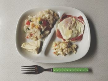 High angle view of breakfast served on table