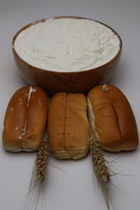 High angle view of bread in bowl on table