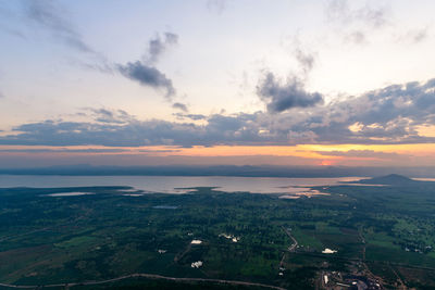 High angle view of sea against sky during sunset