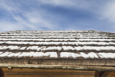 Rotten wooden roof covered with snow. alp village in triglav national park in slovenia.
