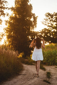 Young beautiful woman in white dress in corn field.