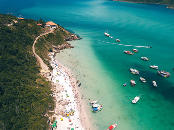 High angle view of boats on sea shore