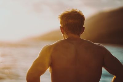 Rear view of shirtless man looking at sea against sky