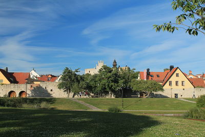 Houses and trees in city against sky