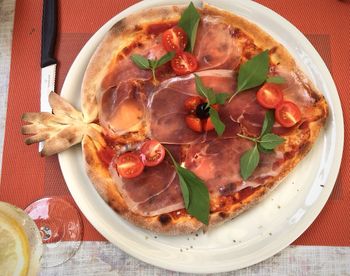 High angle view of food in plate on table