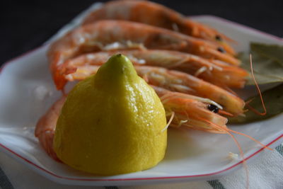 Close-up of lemon slice in plate on table