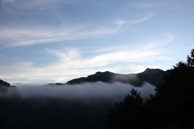 Scenic view of silhouette mountains against sky