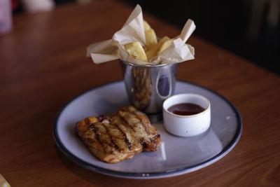 Close-up of food in plate on table