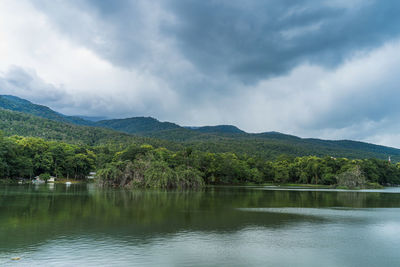 Scenic view of lake by trees against sky