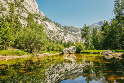 Views of mirror lake during the day in yosemite national park.