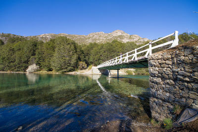 Bridge over river against clear blue sky