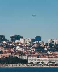 View of city and buildings against clear sky