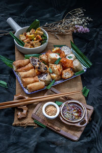 High angle view of food served on table