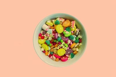 Directly above shot of multi colored candies in bowl