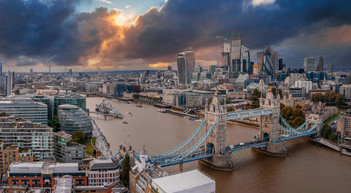 Aerial panoramic sunset view of london tower bridge and the river thames