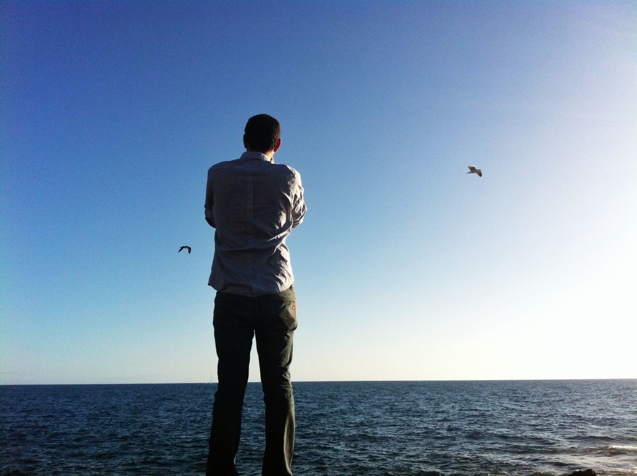 sea, horizon over water, clear sky, water, leisure activity, rear view, lifestyles, full length, copy space, standing, blue, beach, men, casual clothing, nature, tranquility, beauty in nature, boys