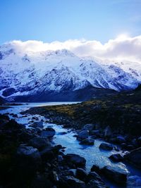 Scenic view of snowcapped mountains and lake against sky