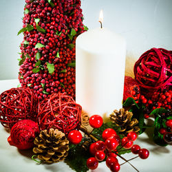 Close-up of christmas decorations on table