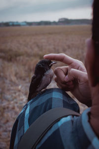 Midsection of man holding bird on his shoulder