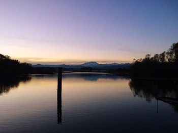 Scenic view of lake against sky at sunset