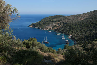High angle view of bay against sky