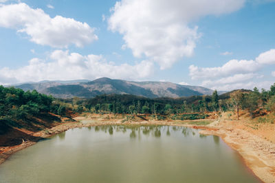 Scenic view of lake and mountains against sky