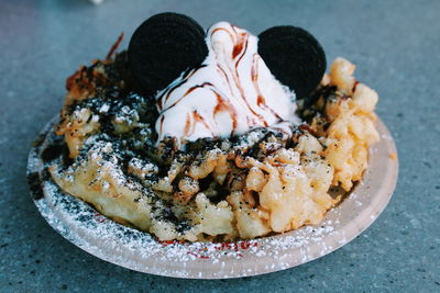 High angle view of cake in plate on table