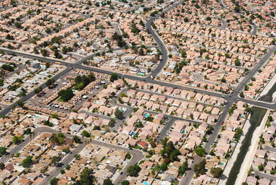 High angle view of road amidst buildings in city