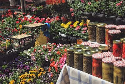 Flower pots for sale at market stall