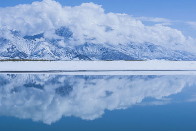 Scenic view of snowcapped mountains against sky