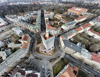 High angle view of buildings in city