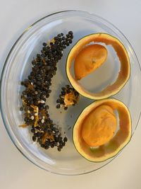 High angle view of breakfast served on table