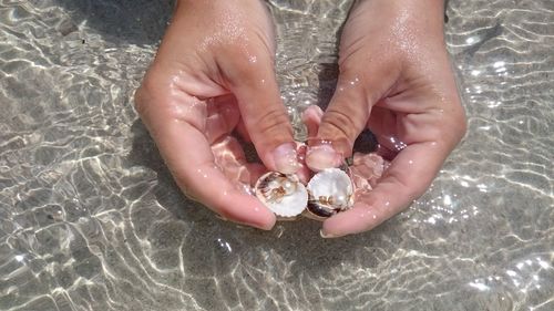 Cropped image of hand against sea water