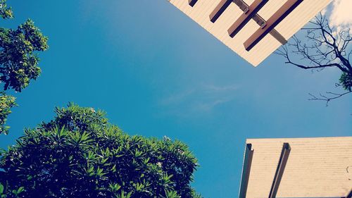 Low angle view of building against clear blue sky