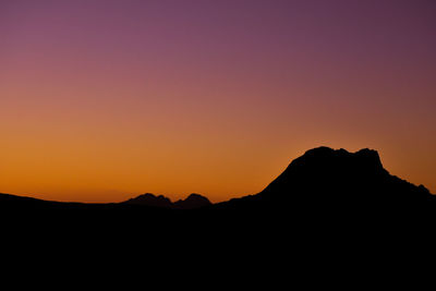 Scenic view of silhouette mountains against orange sky