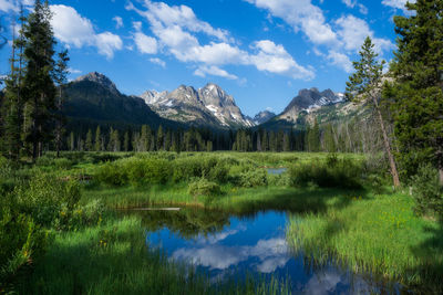 Scenic view of lake and mountains against sky